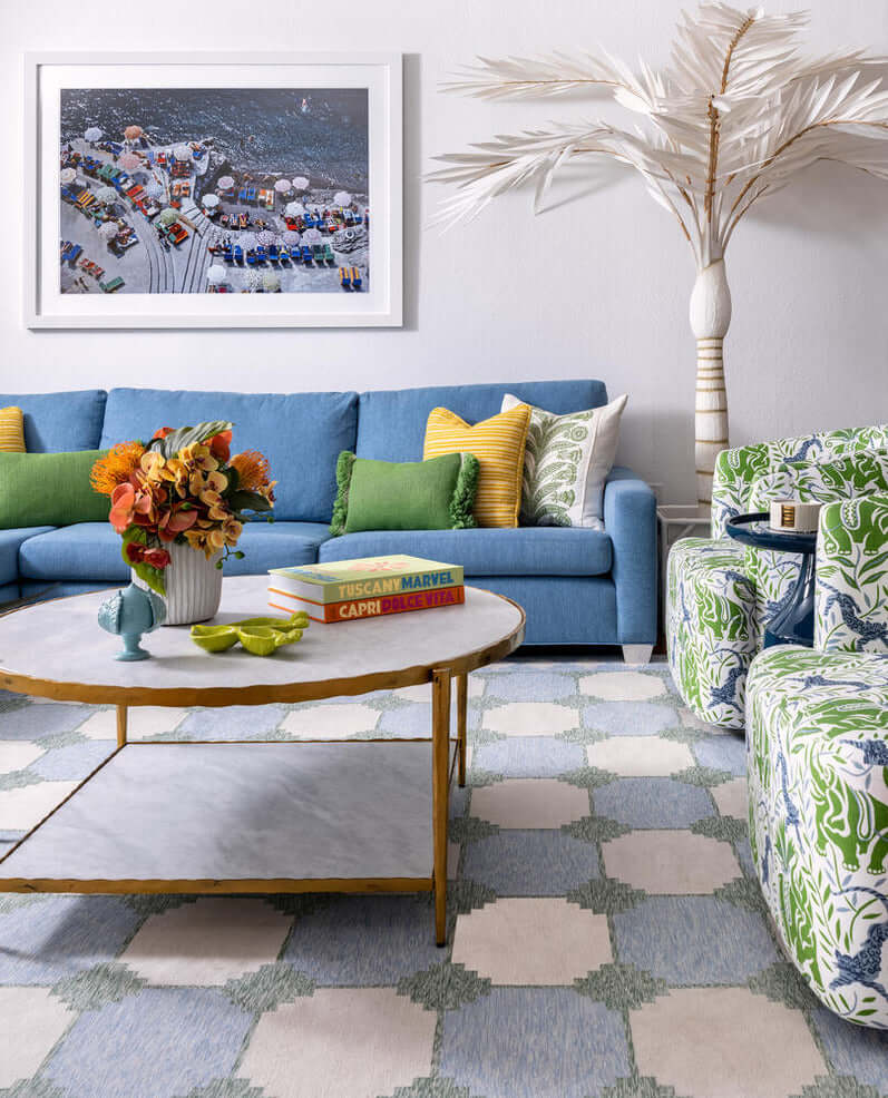 Luxury Florida Living Room Interior By Homekin featuring Yellow, Blue. and Green colors