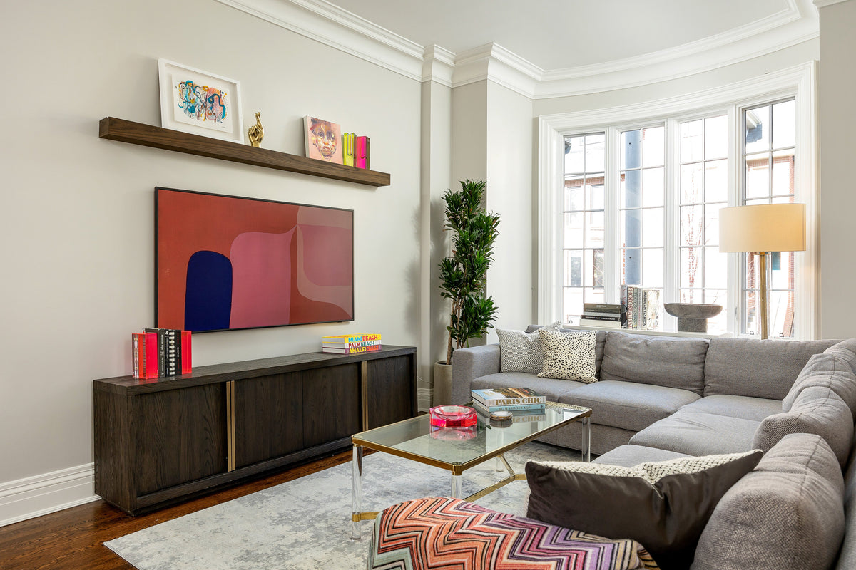 Luxury Minimalist Living Room Interior By Homekin Featuring Art and TV And A Coffee Table