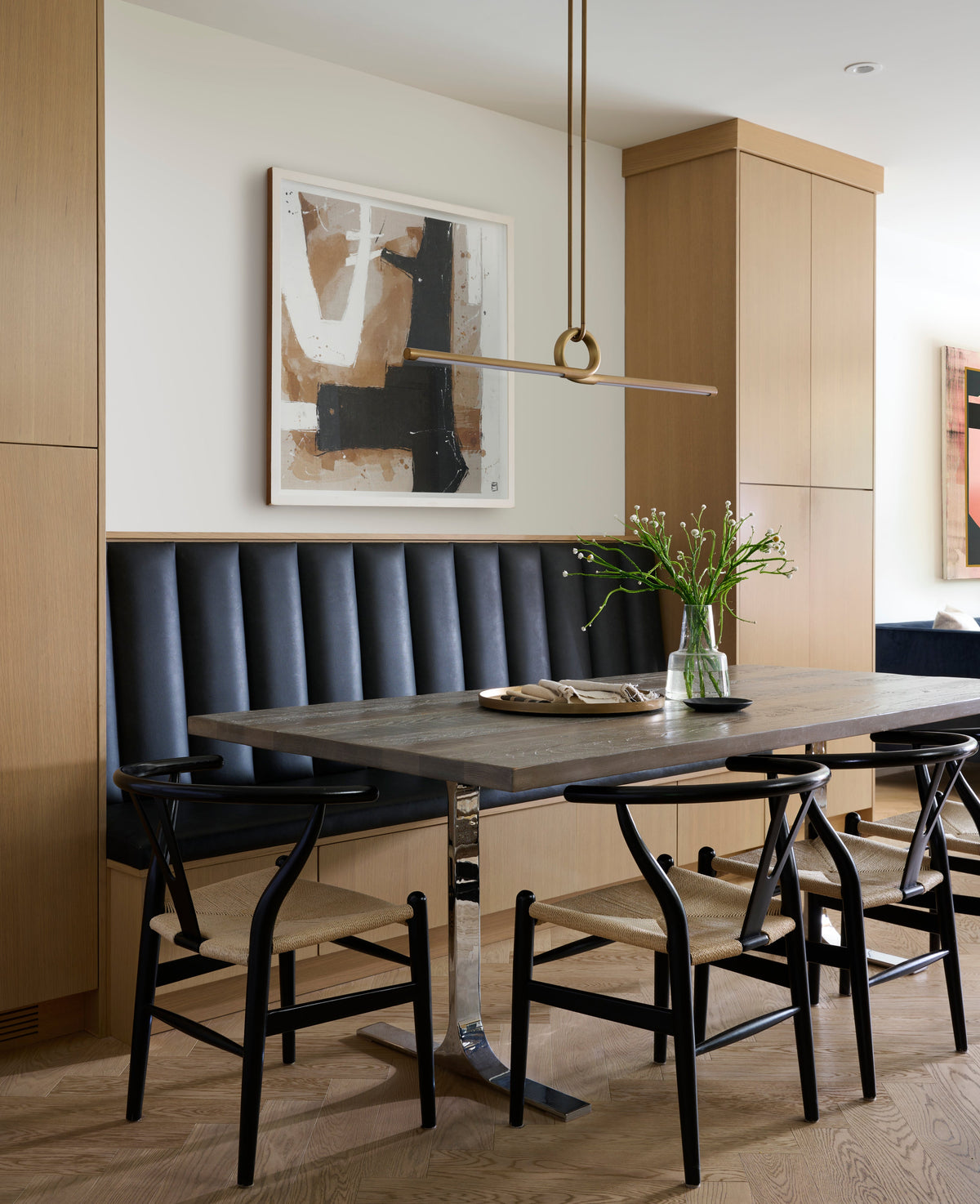 Luxury Minimalist Dining Table Interior By Homekin Featuring Art and bench And chairs