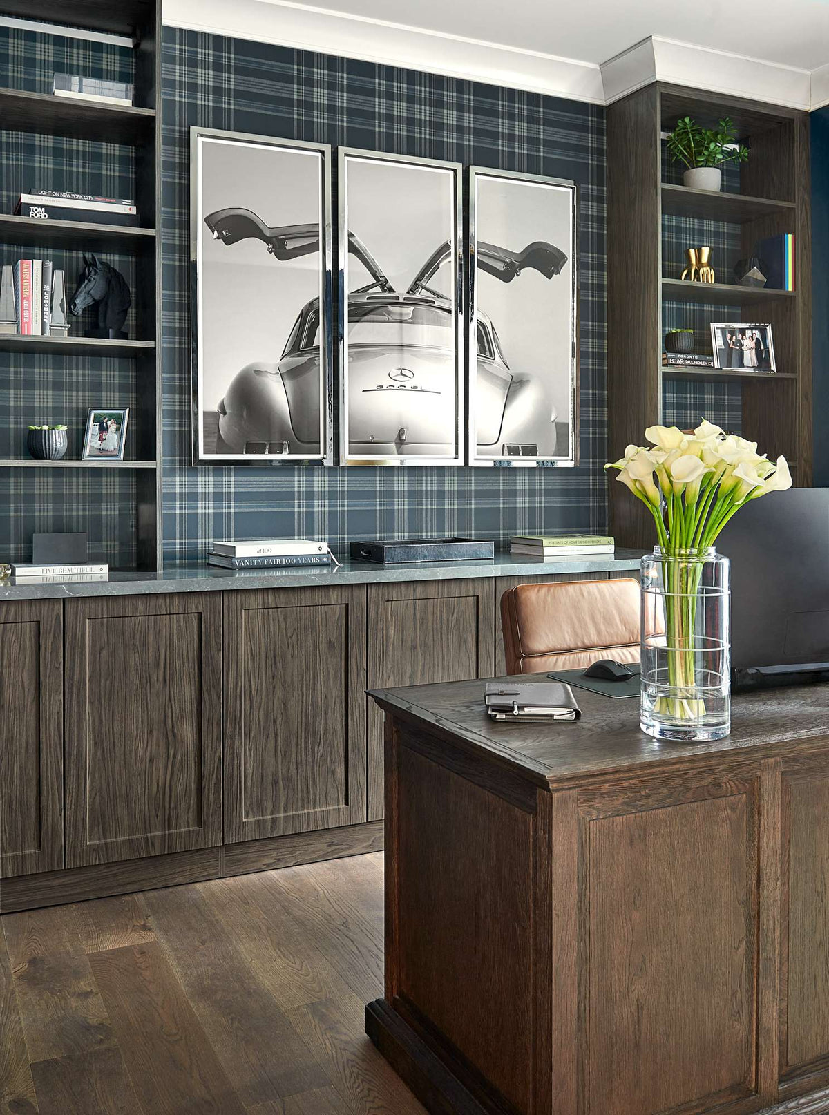 Luxury Home Office WFH Interior By Homekin Featuring Desk and Library and ergonomic chair