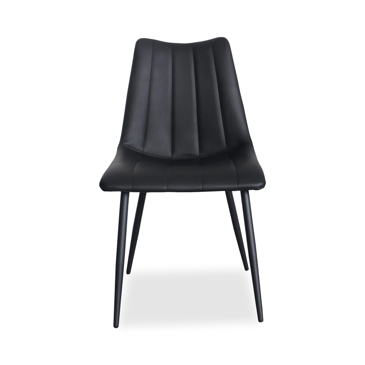 Dining armless side chair with leather seating and black metal legs