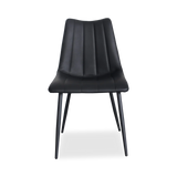 Dining armless side chair with leather seating and black metal legs