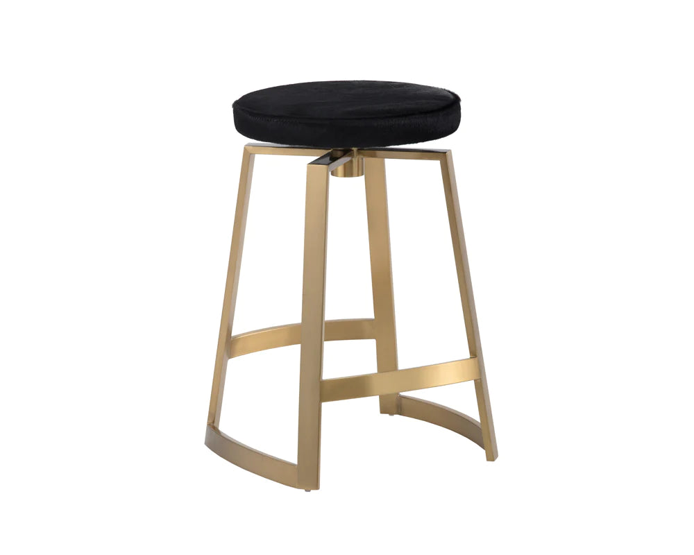 Counter stool with pony hair black top and brass base swivel contemporary design