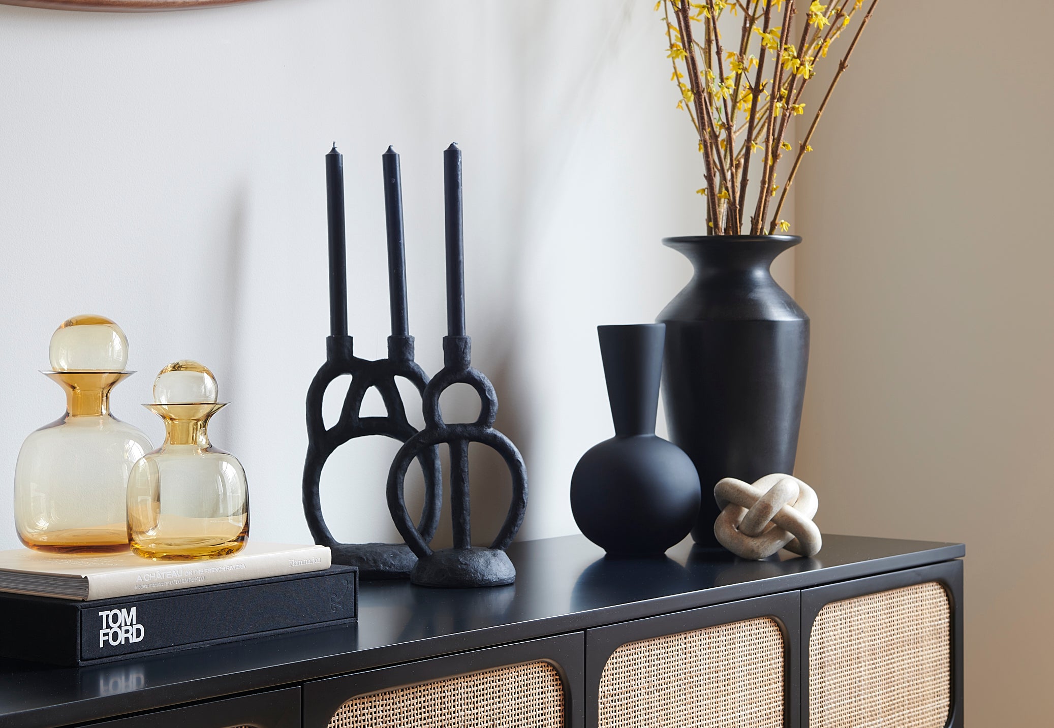 cane cabinet, black vases, tom ford, contemporary design, interior designer, interior decor, home design, home decor