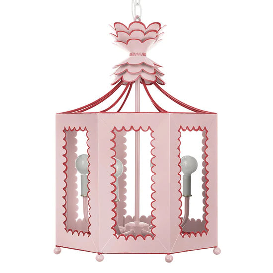 Two tone scalloped edge lantern in lacquer paint finish in lime light pink and red