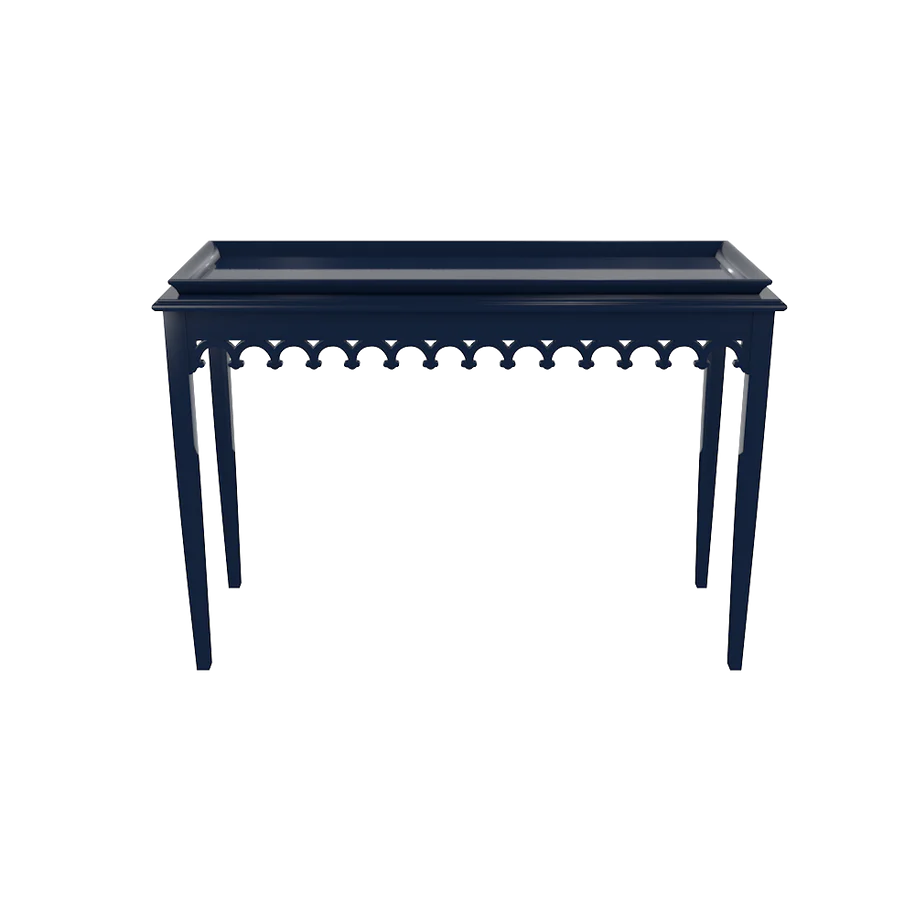 Navy blue lacquer console with scalloped edger foyer entry