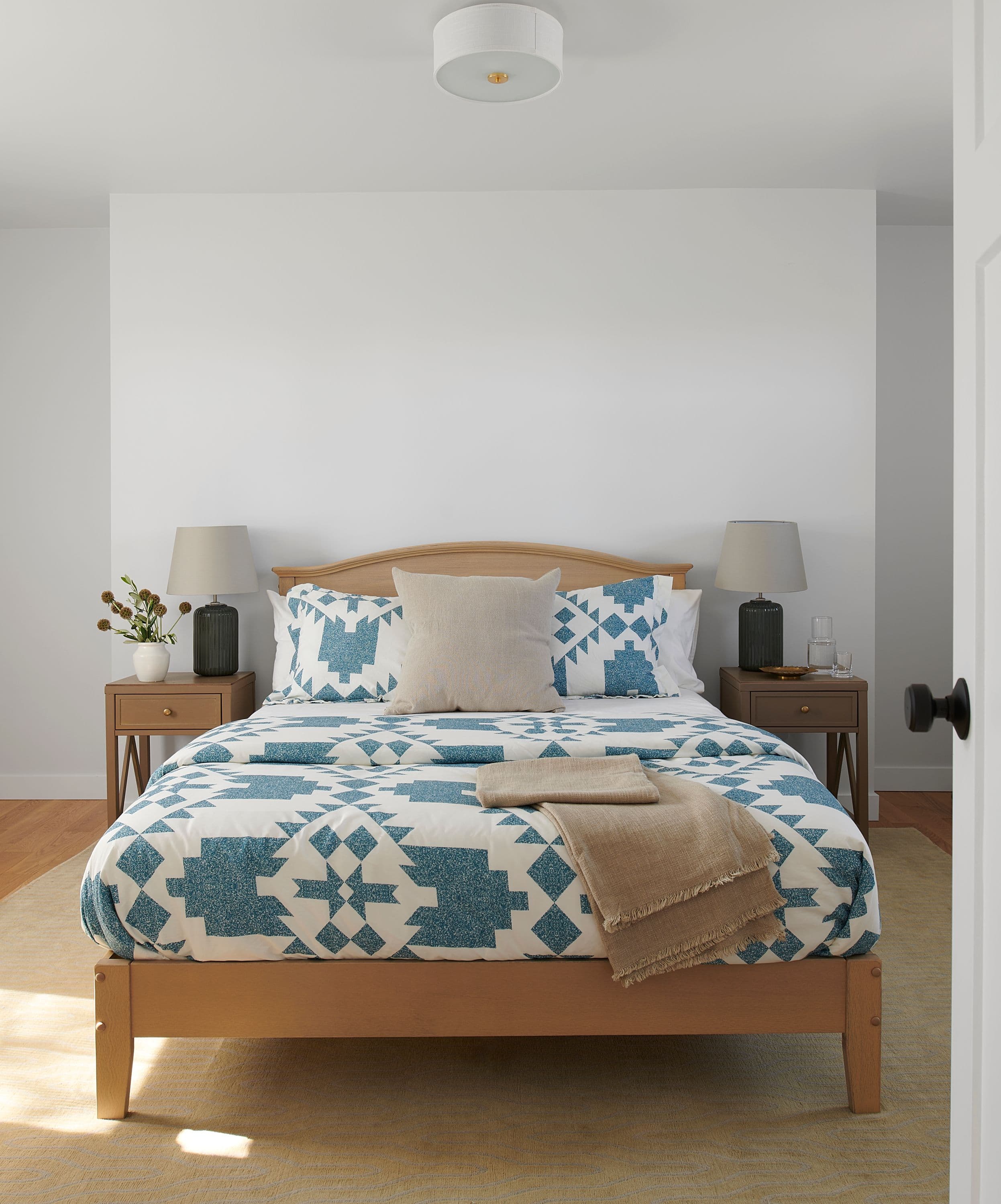 A calm, finished bedroom