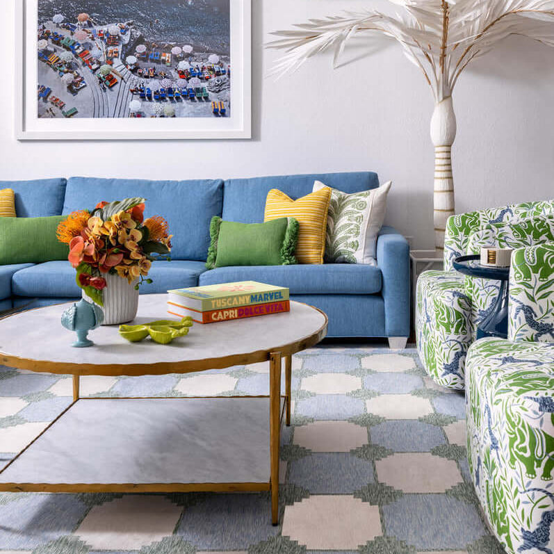 Luxury Florida Living Room Interior By Homekin featuring Yellow, Blue. and Green colors