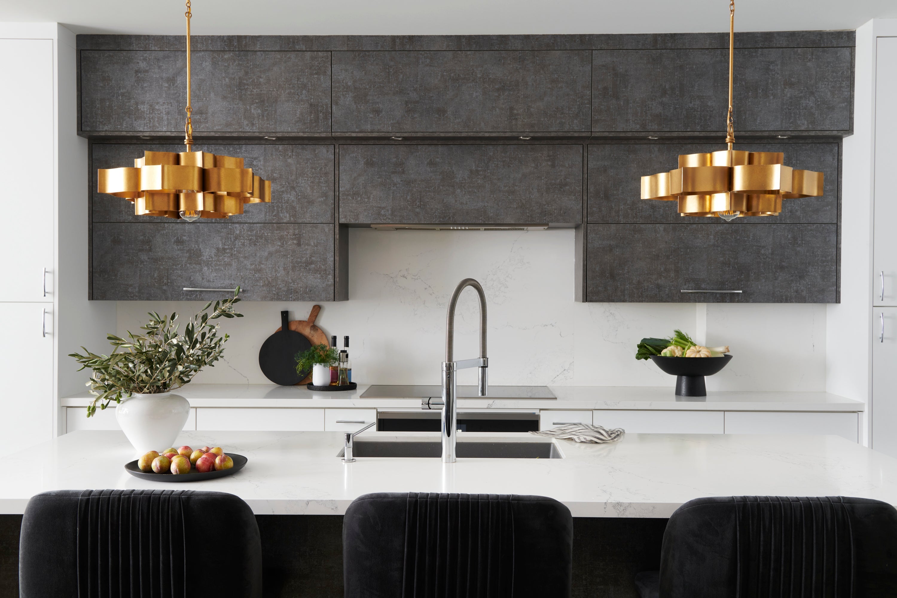 Kitchen Interior with gold accent chandeliers 