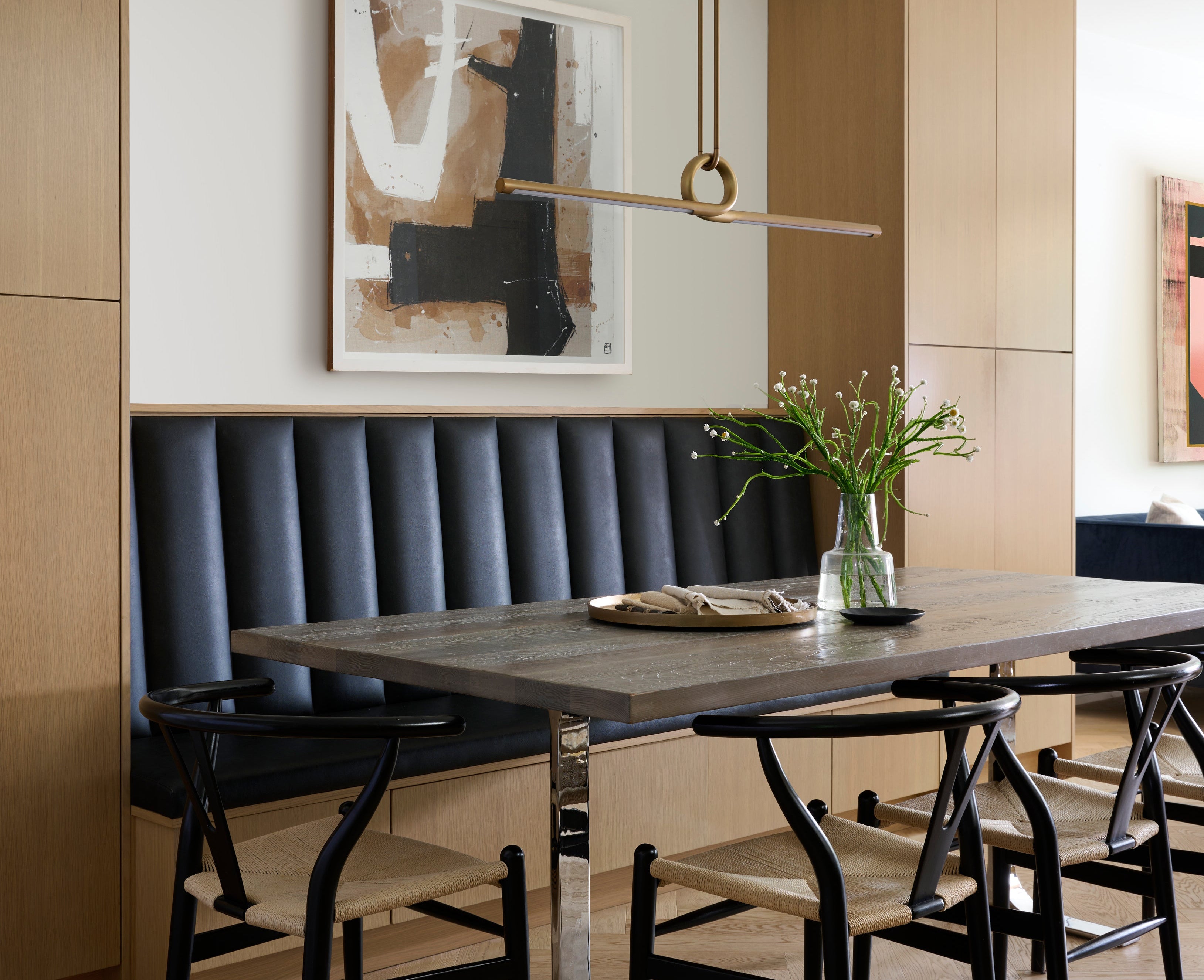 Luxury Minimalist Dining Table Interior By Homekin Featuring Art and bench And chairs