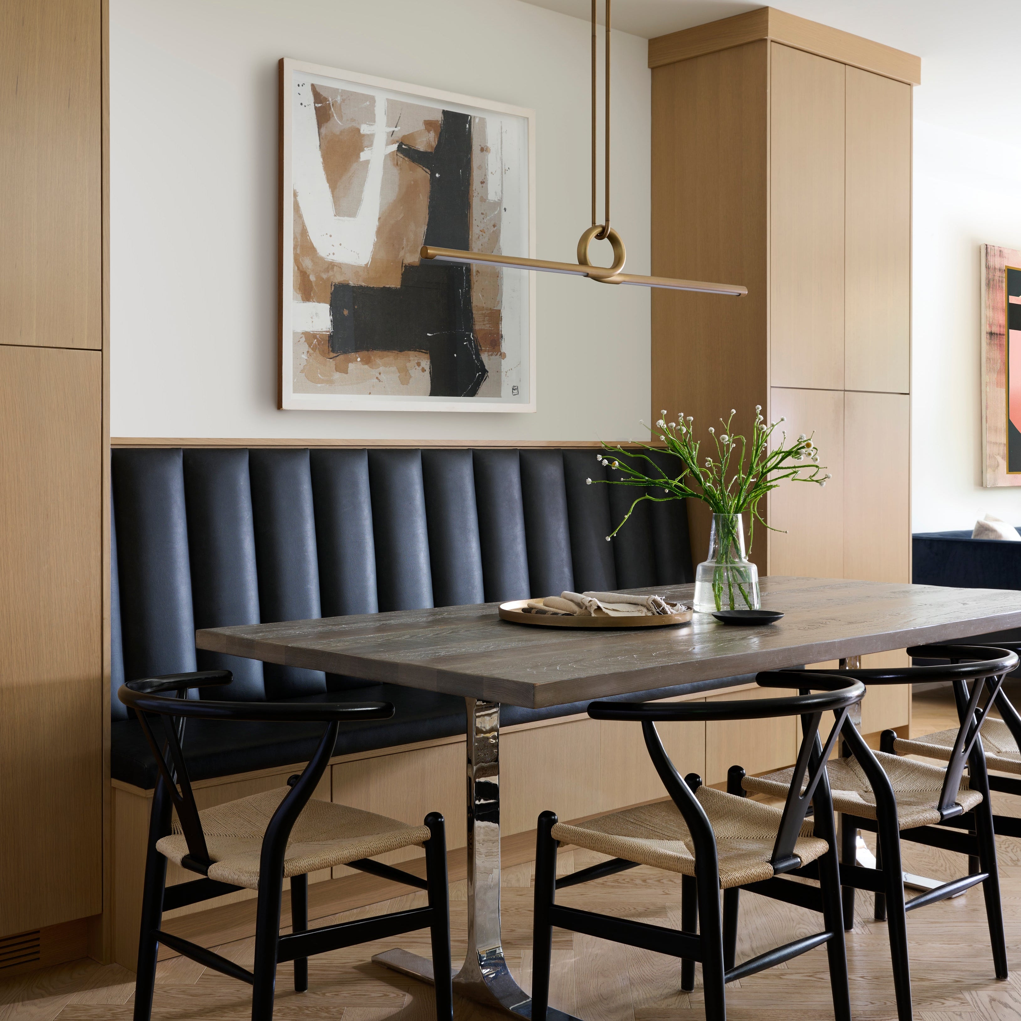 Luxury Minimalist Dining Table Interior By Homekin Featuring Art and bench And chairs