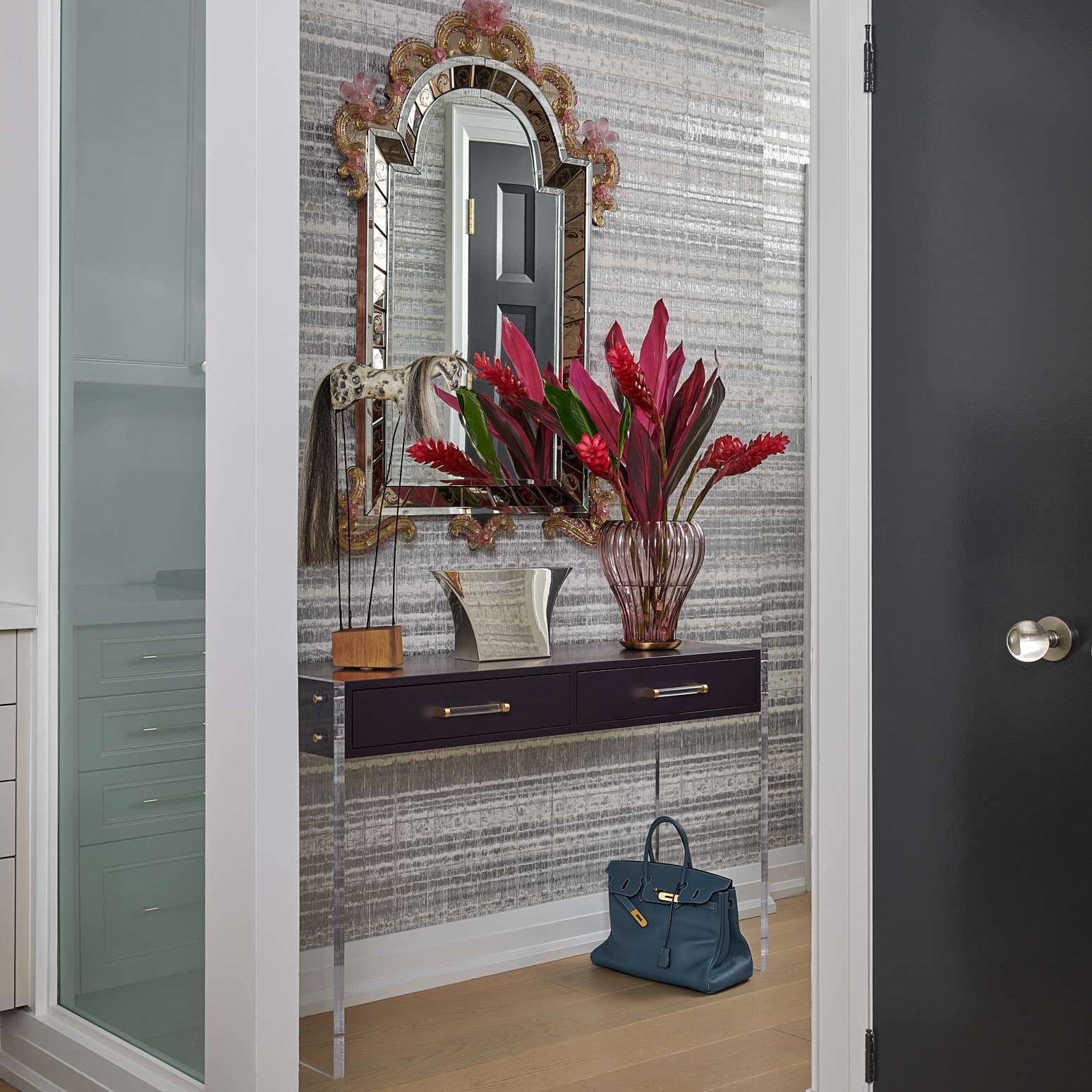 Luxury Entry Way  Interior By Homekin Featuring console table and mirror