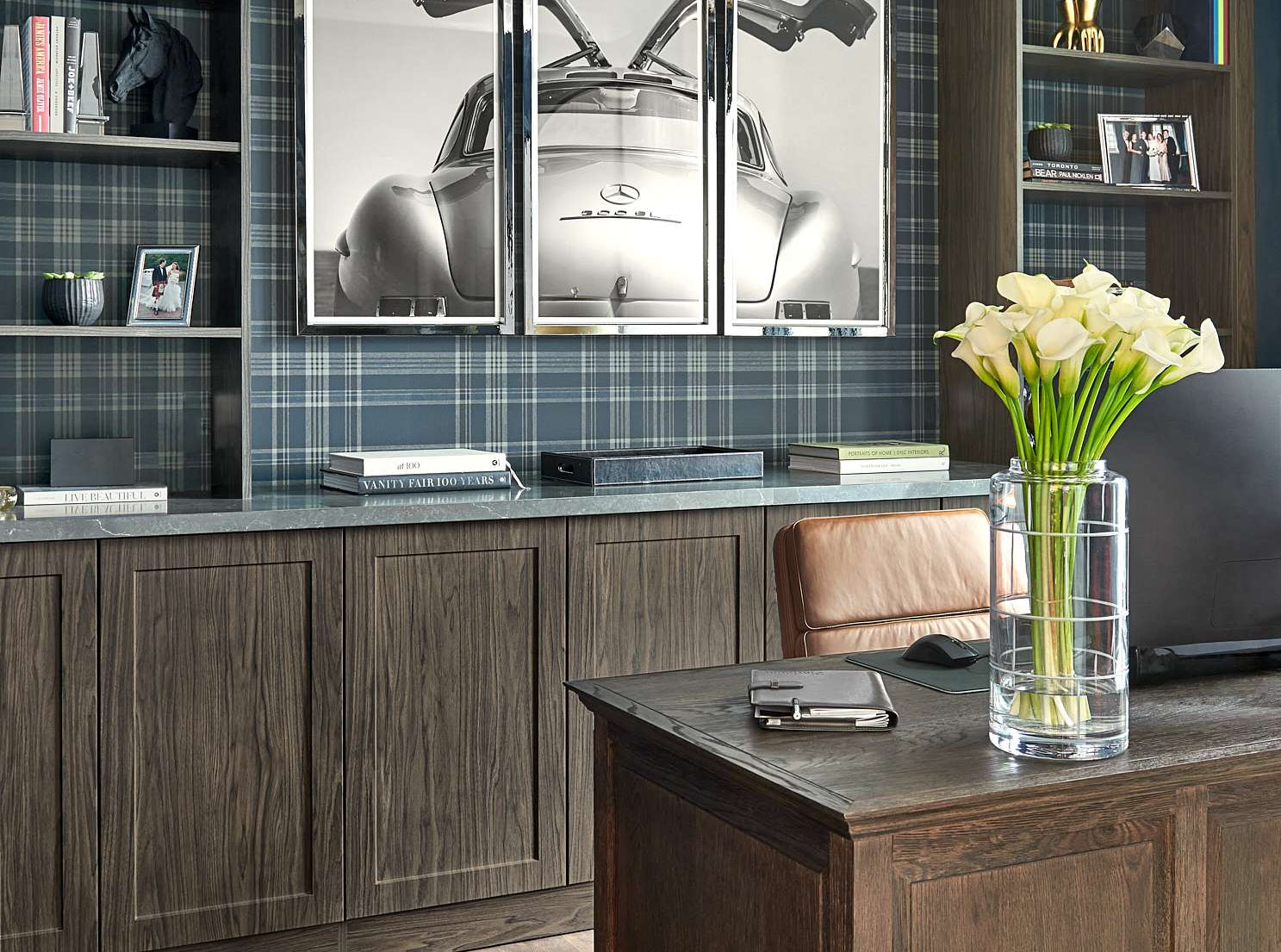 Luxury Home Office WFH Interior By Homekin Featuring Desk and Library and ergonomic chair