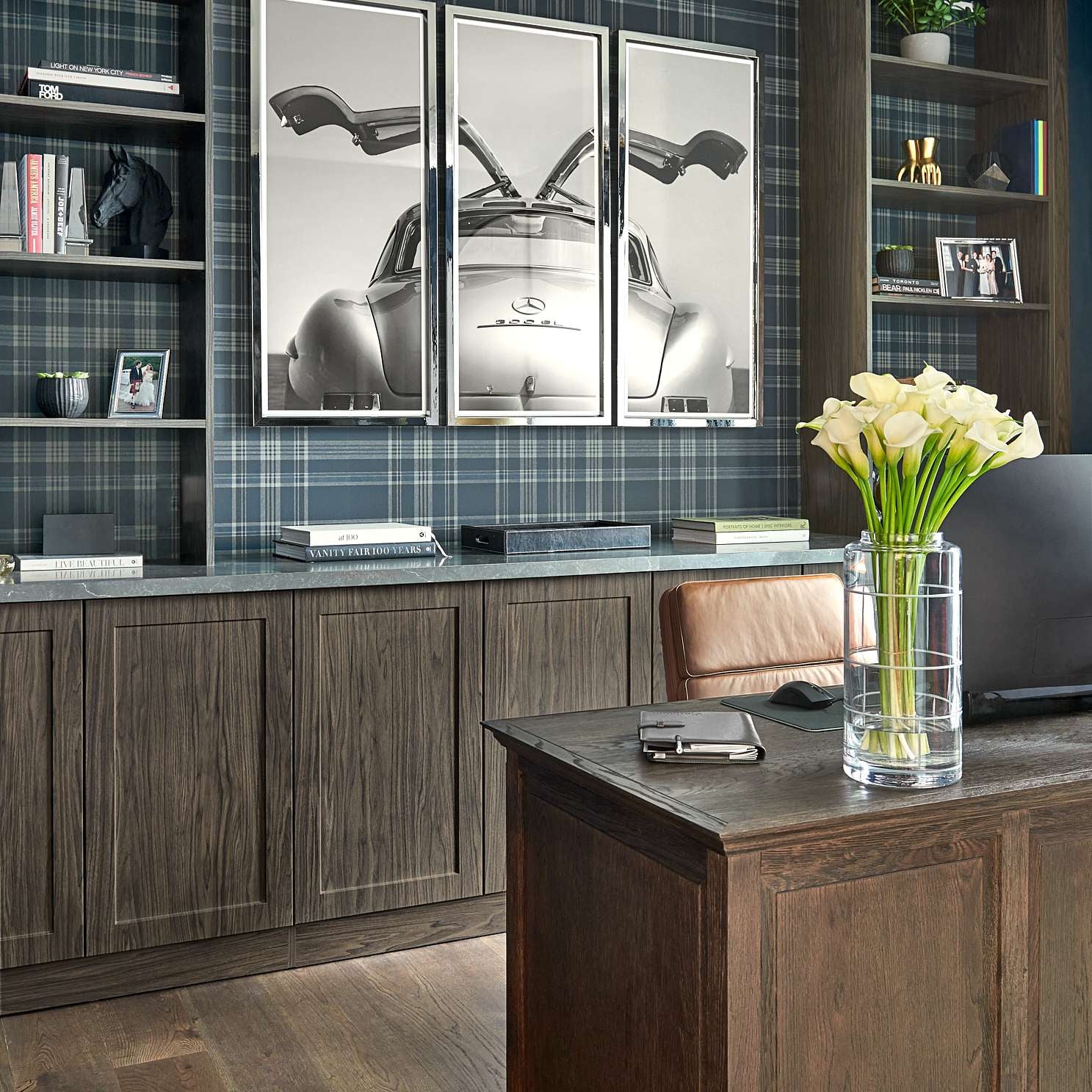 Luxury Home Office WFH Interior By Homekin Featuring Desk and Library and ergonomic chair