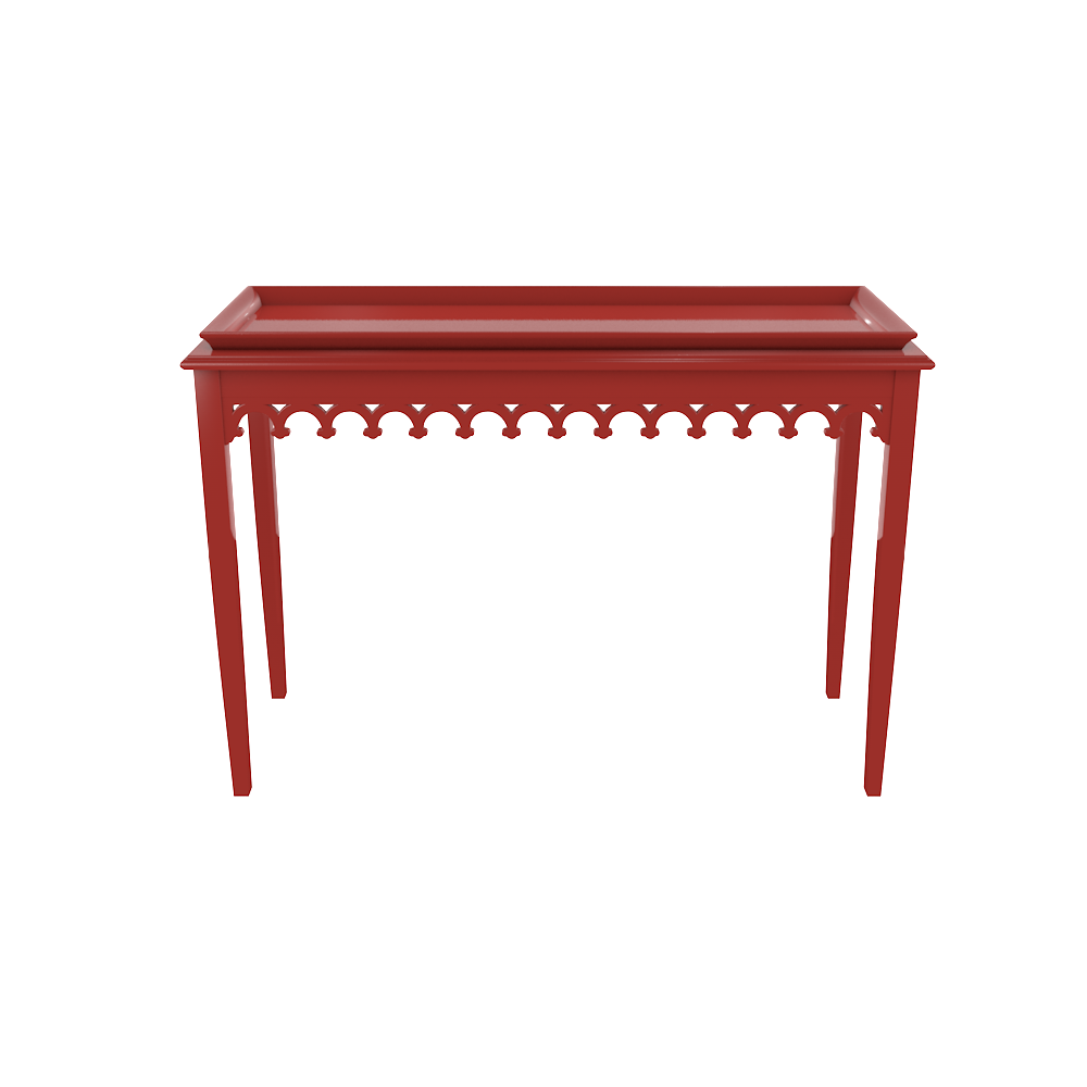 Red lacquer console with scalloped edger foyer entry