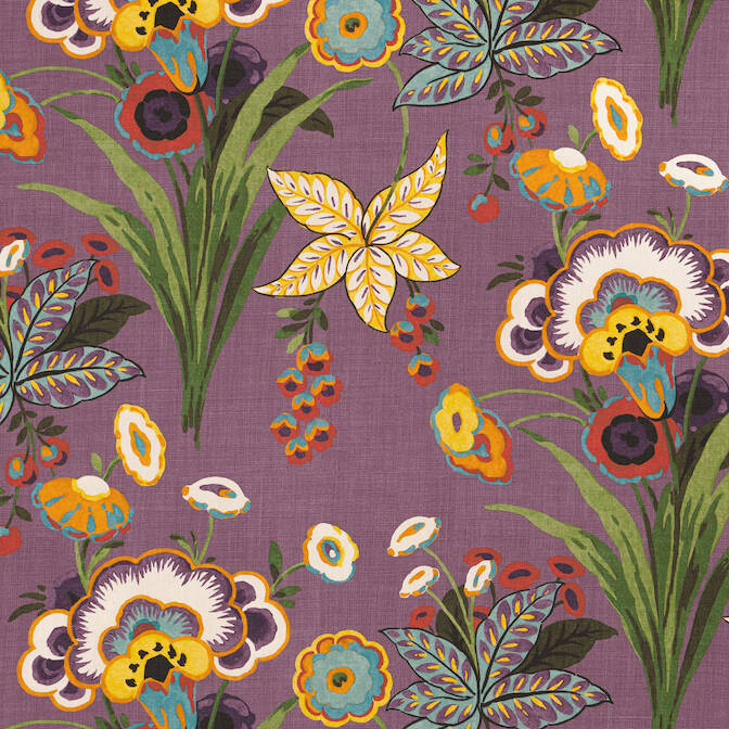 Thibaut purple Pasadena fabric with yellow accents