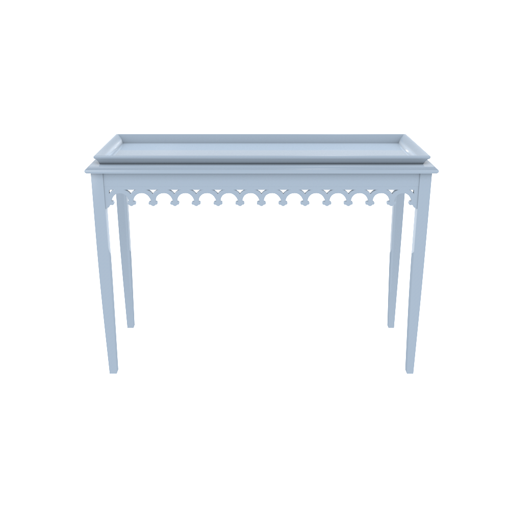 Light Blue Lacquer console with scalloped edger foyer entry