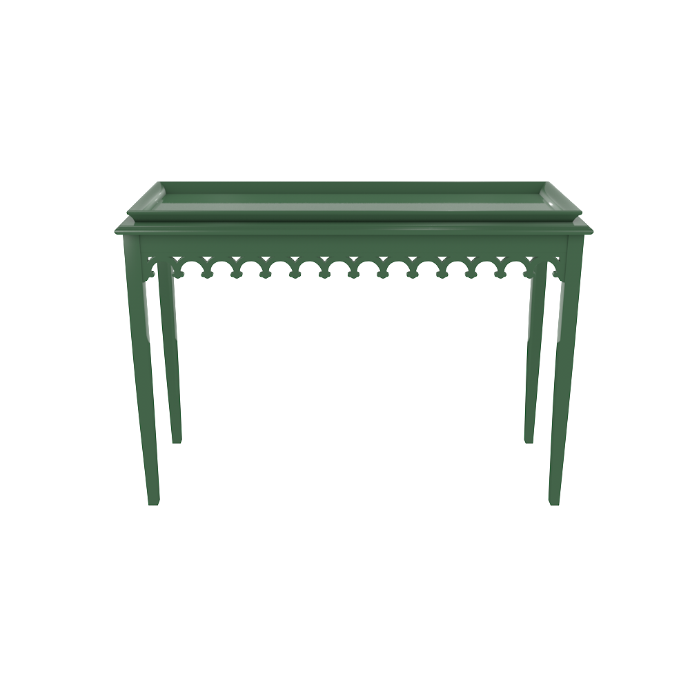 Green lacquer console with scalloped edger foyer entry