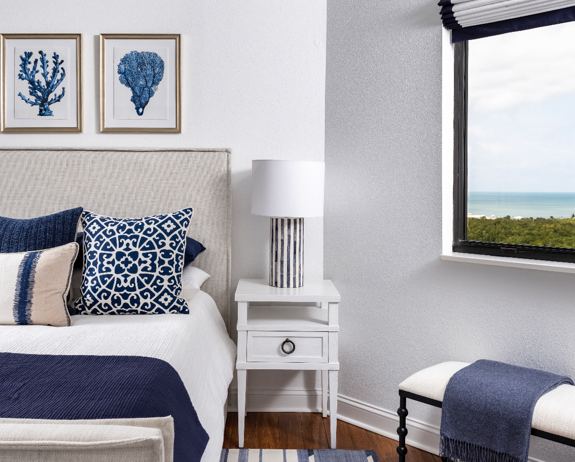 Blue and white coastal bedroom in Naples Florida