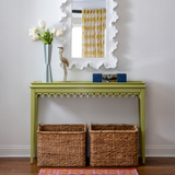 Lacquered Console foyer entry in green with white coastal style mirror