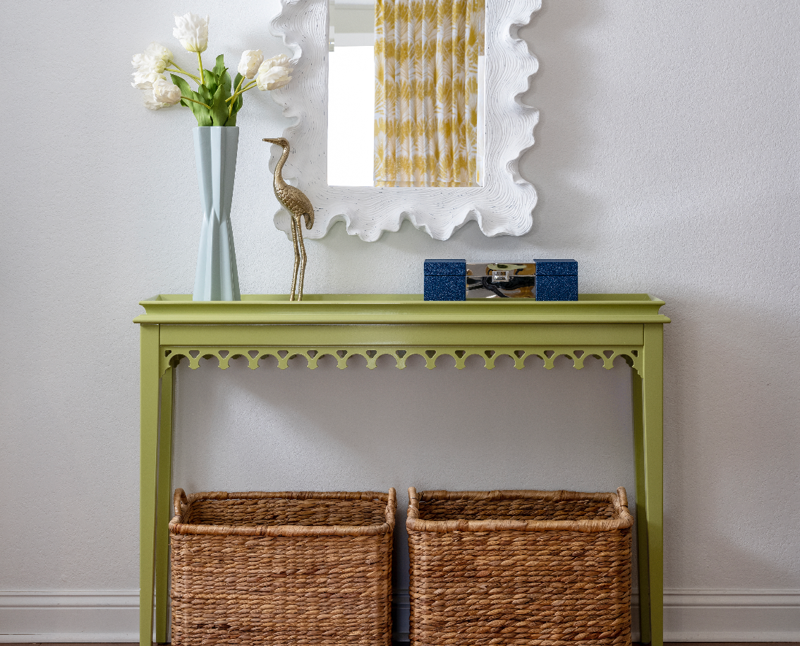 Lacquered Console foyer entry in green with white coastal style mirror