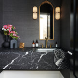 powder room, marble floor, missoni, flowers, brass accents, textured wallpaper, marble vanity